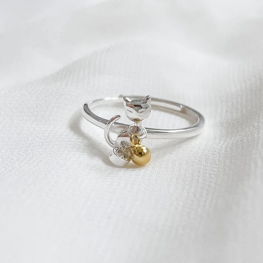 S925 Silver Cat Gold Bell Ring